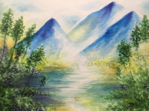 blue mountains fade into a lake scene where green trees reflect on the water as gold/purple highlights shimmer on its surface