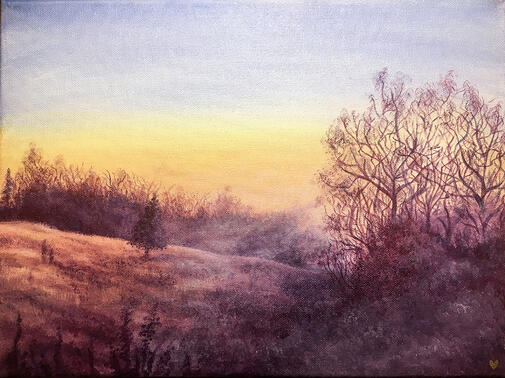 a warm scene of a valley at sunrise. the colors fade to a dark purple while bare trees cover the right side's horizon.