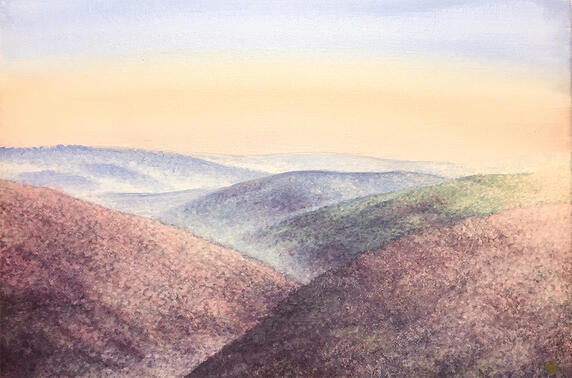 many hills of green, pink, and blue color with fog near their bases. soft pink highlights of grass are across the hilltops.