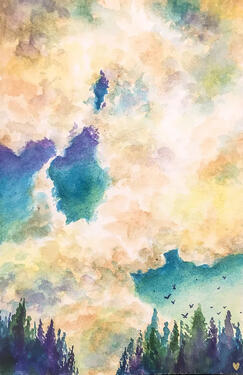 a large gold and blue cloud rolls across the sky. two groups of trees with more birds are below.