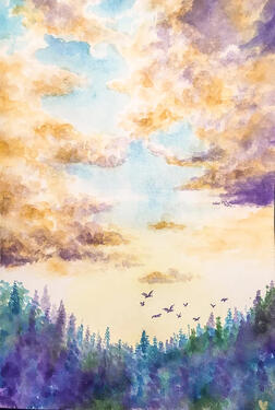 a purple, blue, and green line of trees are below a sky covered in gold and purple clouds. the sky fades from blue to yellow.