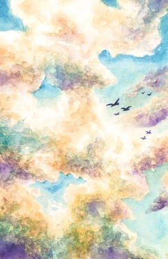 gold, white, and purple clouds cover a teal sky. the shadows of large birds can be seen flying by.