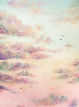 a blue sky fades into pink as shadows of small birds fly through pink and gold clouds. there are no trees.