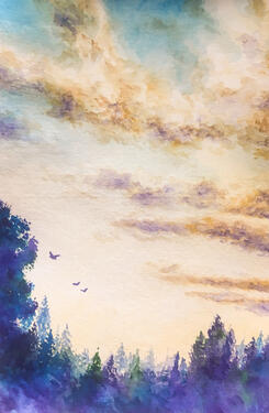 a teal sky fades into a gold soft gold sunrise with hazy gold and purple clouds above. birds fly from a bluish tree line.