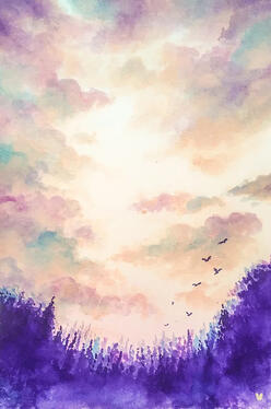a dreamy pink and yellow sky is filled with purple, pink, and blue clouds. purple trees and birds are below.